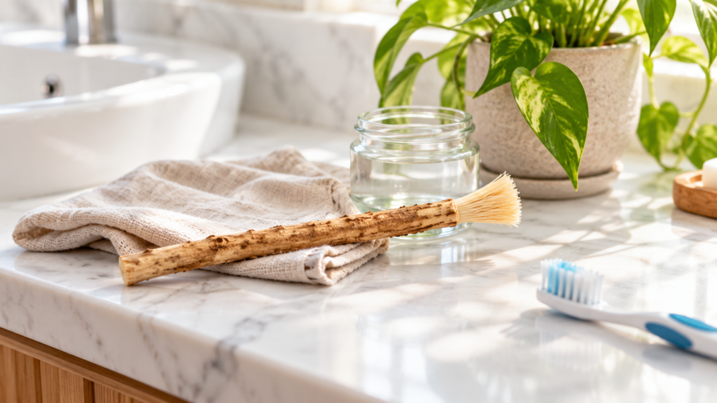 Natural miswak stick on a bathroom counter as a plastic-free alternative