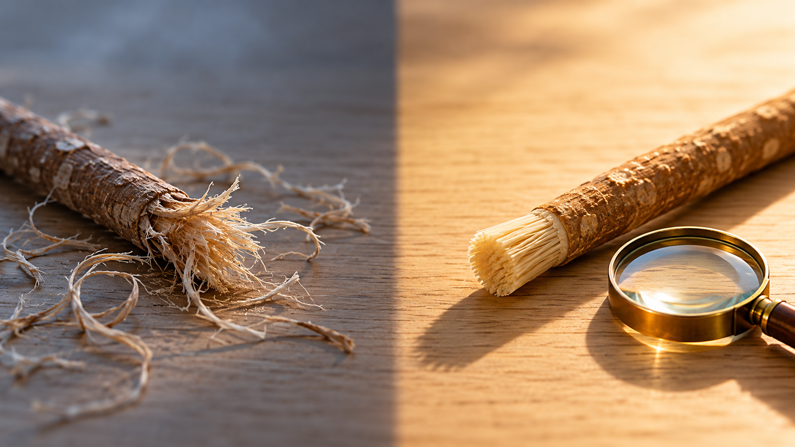 Miswak in hazy light beside a crisply lit miswak and magnifying glass