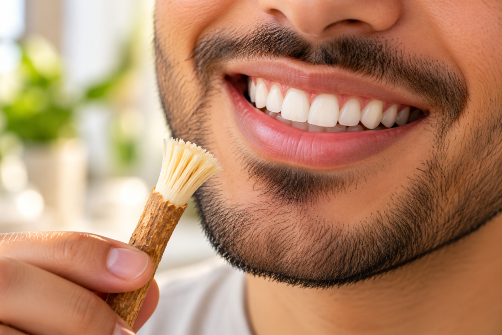 Healthy natural smile with a miswak stick 