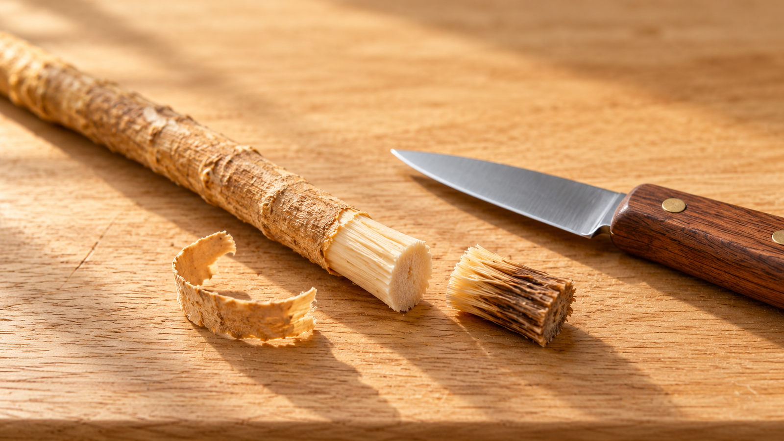 Freshly trimmed miswak beside its cut-off worn tip and a small knife