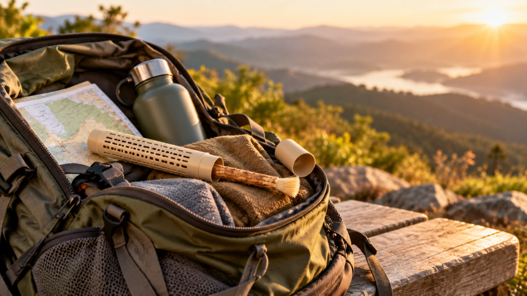 Miswak in a travel holder on a hiking backpack outdoors
