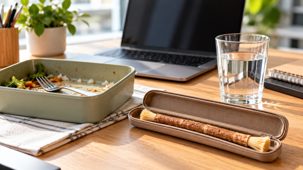 Miswak in a travel case on an office desk after lunch