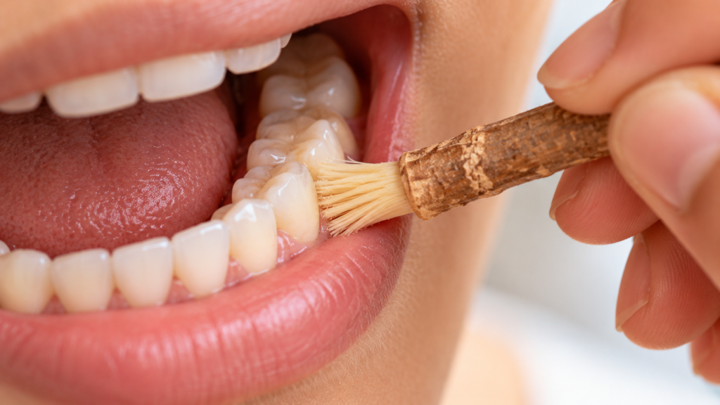 Gently using a miswak along the gum line after a meal