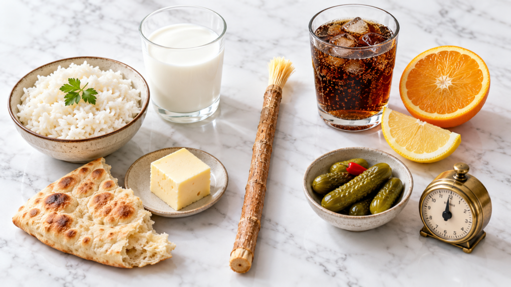 Everyday foods beside acidic drinks and citrus with a miswak and timer between them