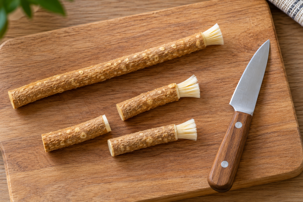 A new miswak cut into three pieces so each person gets their own