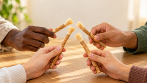 Hands of different skin tones each holding a miswak stick