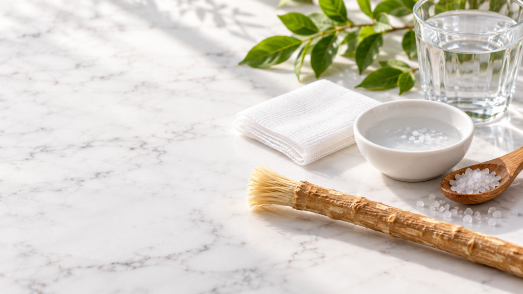 Miswak stick beside a bowl of salt water and gauze for extraction aftercare