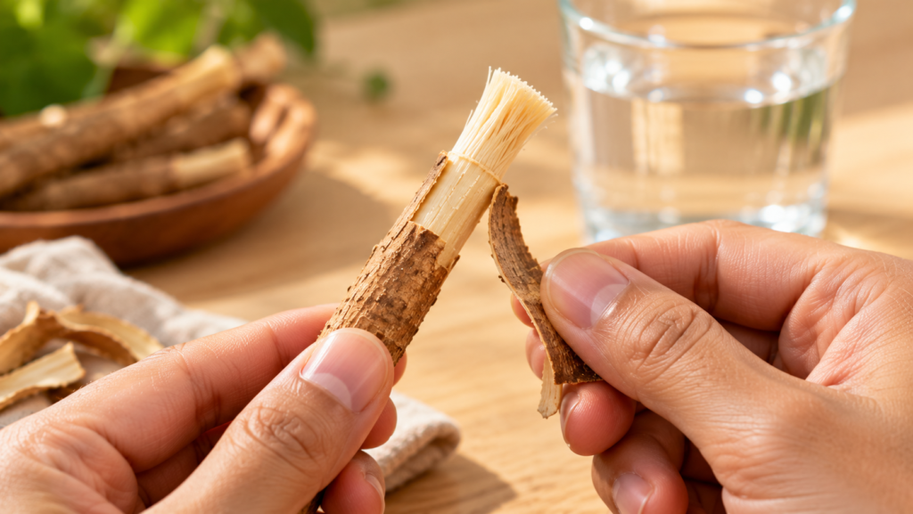 Beginner peeling the bark from a new miswak stick
