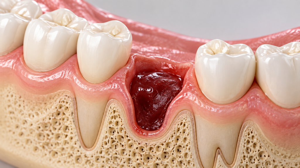 Illustration of a healing tooth socket protected by a blood clot