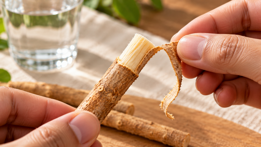 Peeling about a centimetre of bark from a new miswak stick
