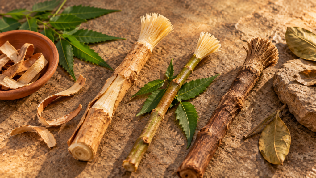 Arak miswak, neem twig and an African chewing stick side by side