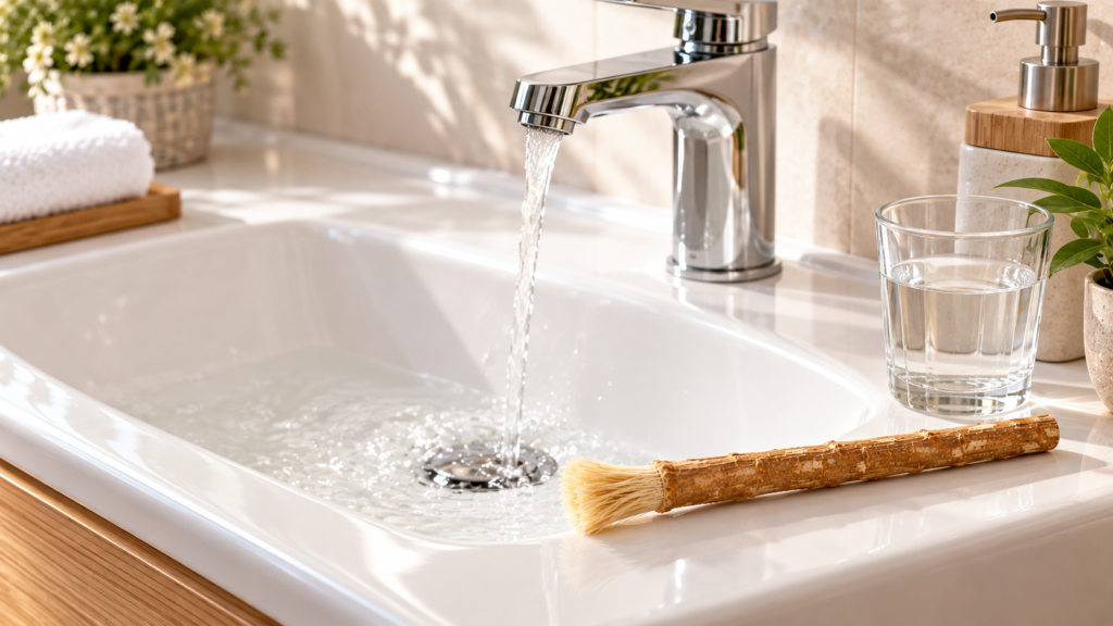 Miswak resting on a bathroom sink beside a gentle stream of water