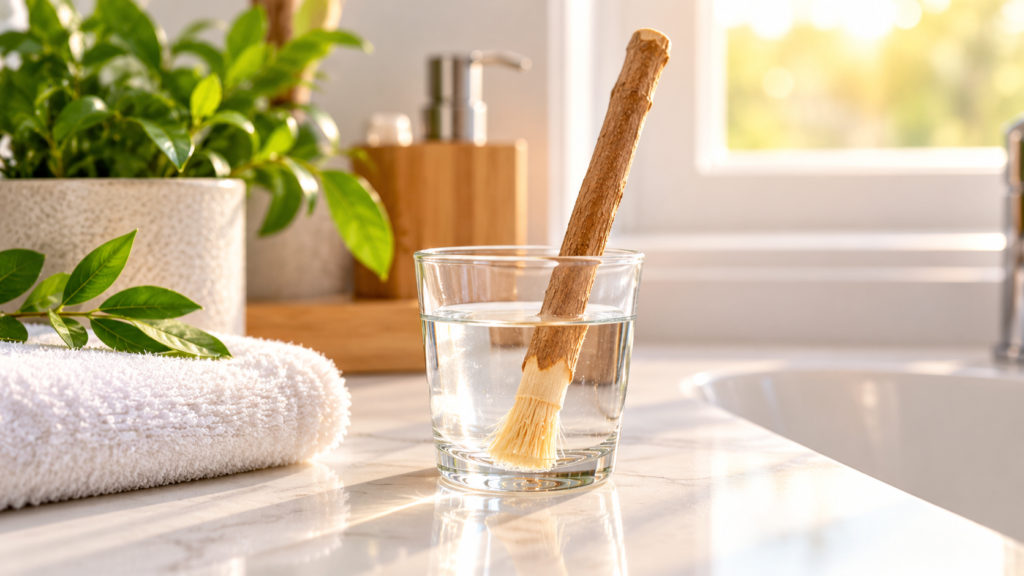 New miswak stick soaking in a cup of water on a bathroom counter