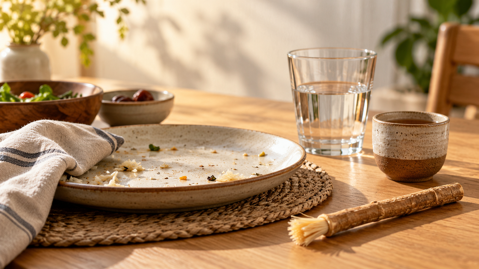 Miswak stick beside an empty lunch plate, a glass of water and tea