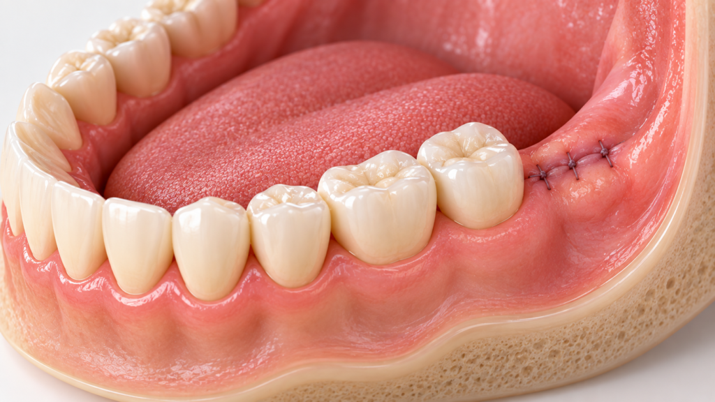 Illustration of a healing wisdom tooth site with small stitches