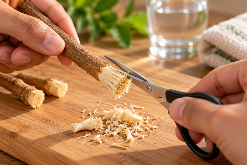 Trimming the worn tip of a miswak to reveal fresh wood