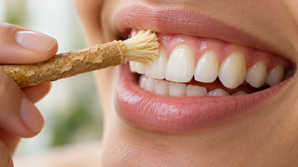 Soft miswak tip held lightly against healthy gums