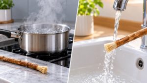 Boiling saucepan beside a miswak rinsed gently under a tap