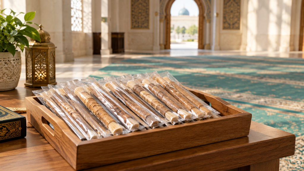 Tray of individually sealed miswak sticks at a mosque entrance