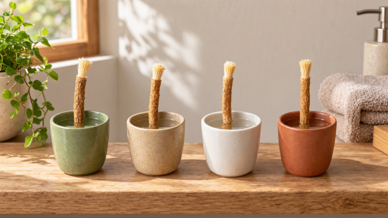 Four separate cups each holding one miswak stick on a bathroom shelf
