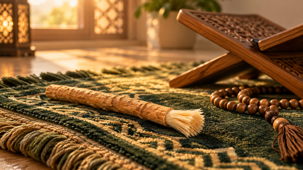 Miswak stick on a prayer mat beside prayer beads and a wooden Quran stand